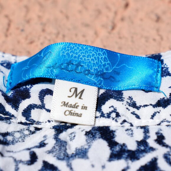 Buttons brand White Blue Print Blouse with Red Embroidered V-Neck - Picture 2 of 2